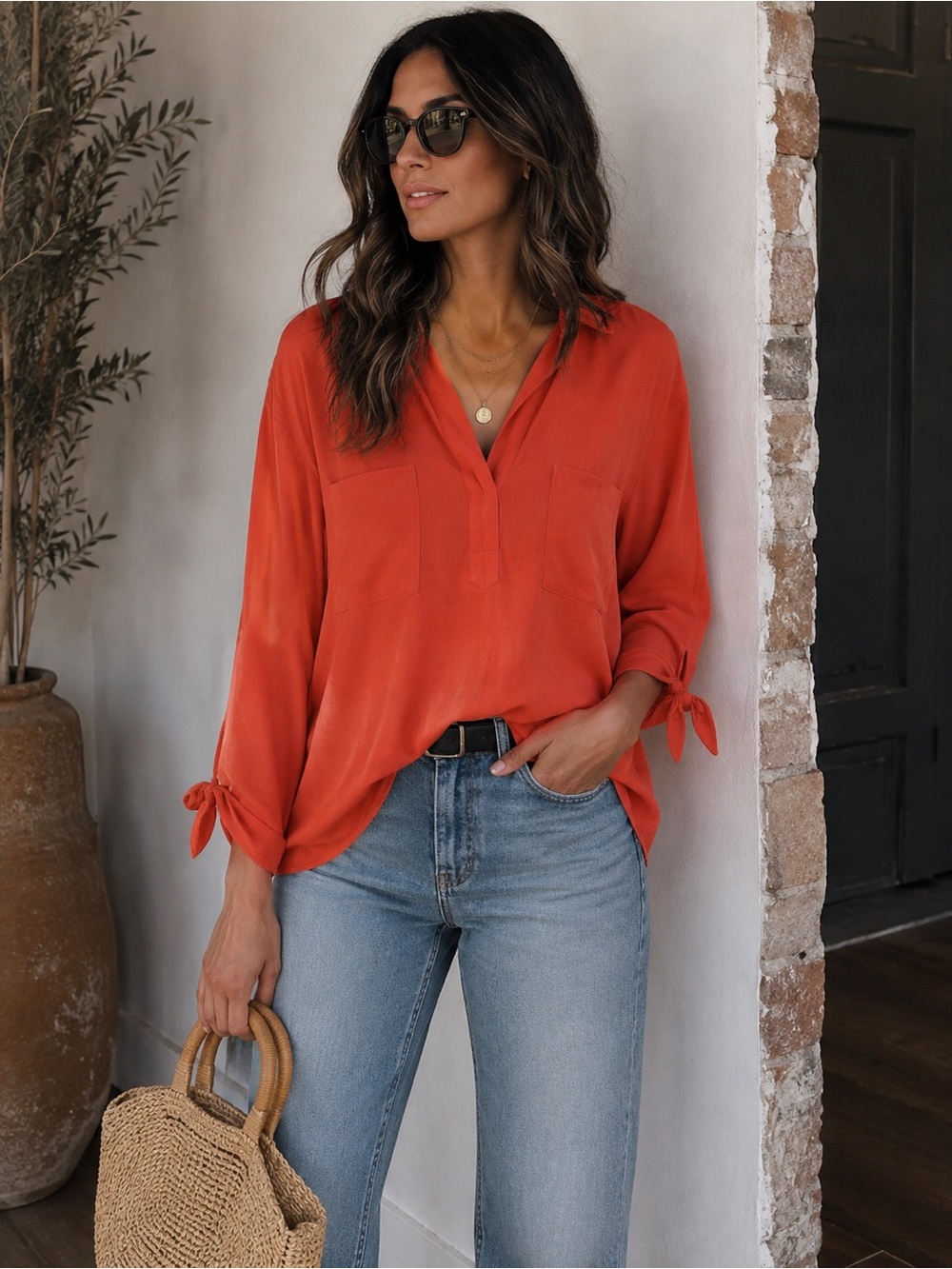 Andrea Jovine Women’s Tie-Sleeve V-Neck Blouse in Orange